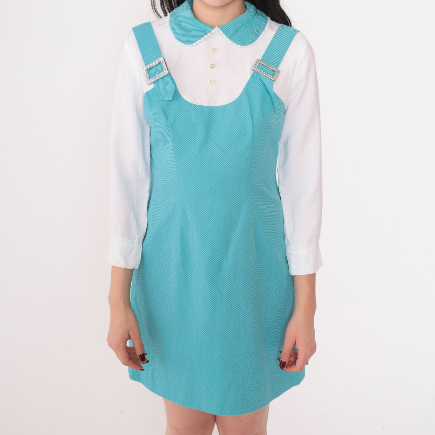 60s Mod Mini Dress Layered White Blue Peter Pan Collar Rhinestone Extra Small