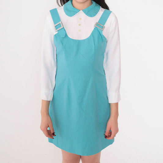 60s Mod Mini Dress Layered White Blue Peter Pan Collar Rhinestone Extra Small