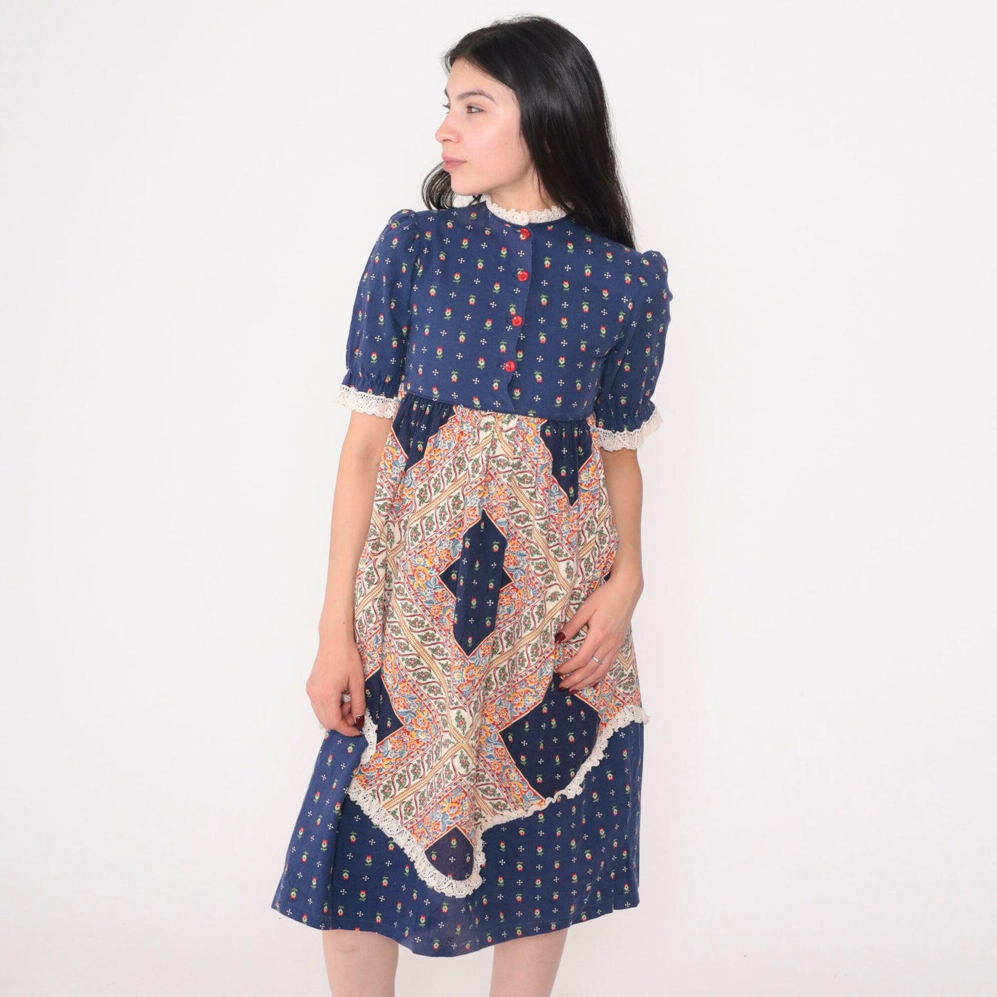 70s Arlene Airess Babydoll Dress Blue Calico Floral Puff Sleeve Mini XXS