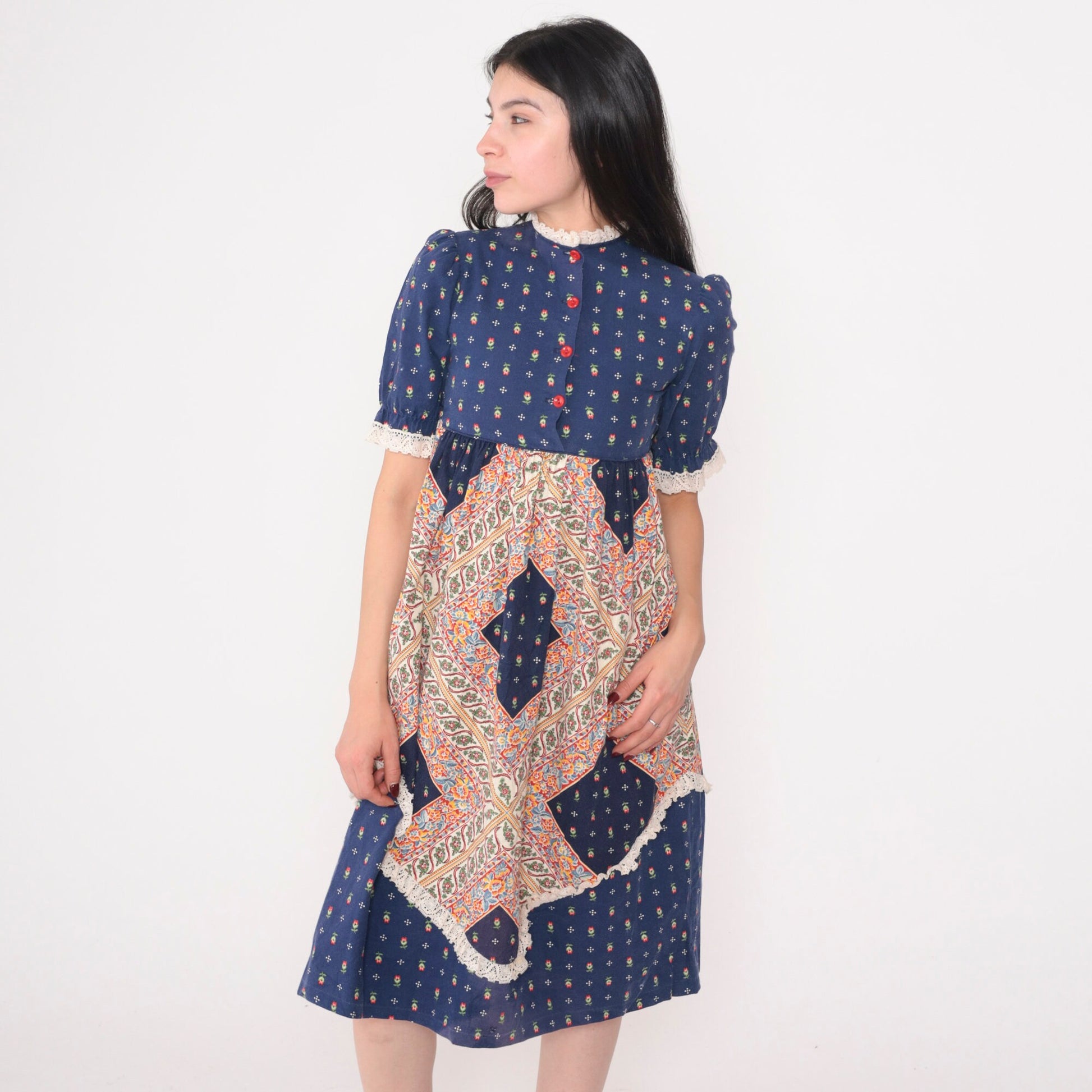 70s Arlene Airess Babydoll Dress Blue Calico Floral Puff Sleeve Mini XXS