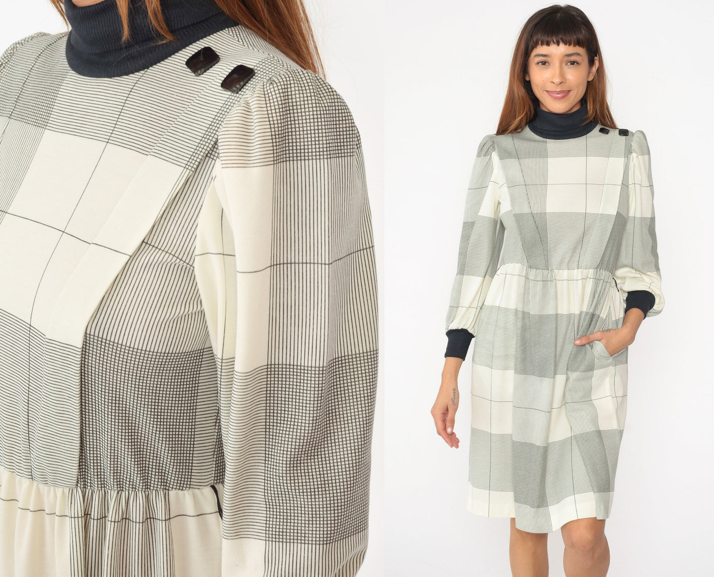 80s Cream Black Checkered Midi Dress Puff Sleeve Turtleneck Small Petite