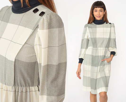 80s Cream Black Checkered Midi Dress Puff Sleeve Turtleneck Small Petite