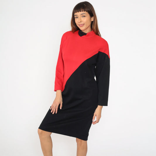 80s Color Block Dress Red Black Mock Neck Sheath Midi Long Sleeve Medium