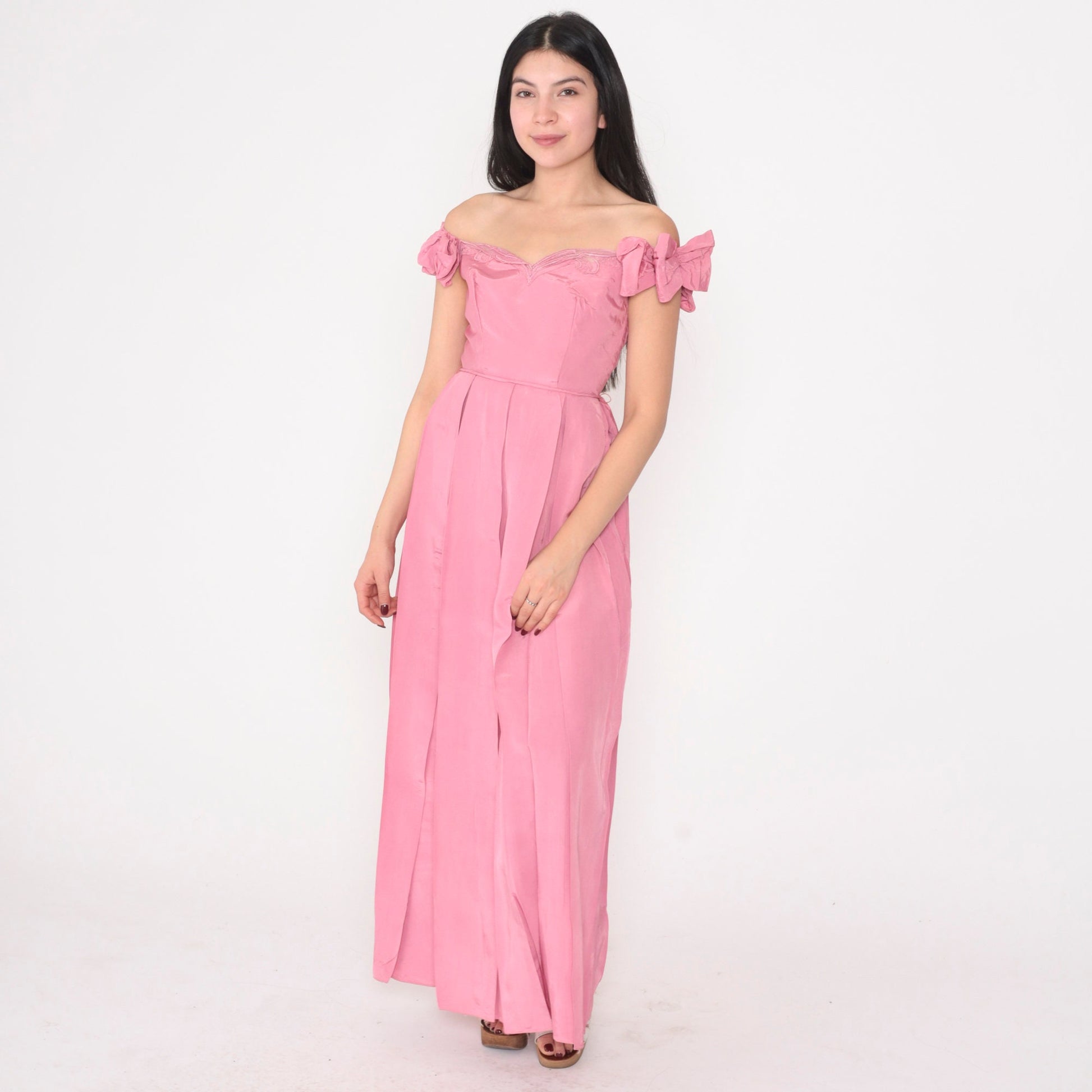 80s Pink Off-Shoulder Maxi Prom Dress Bow Sleeves Pleated Skirt Extra Small