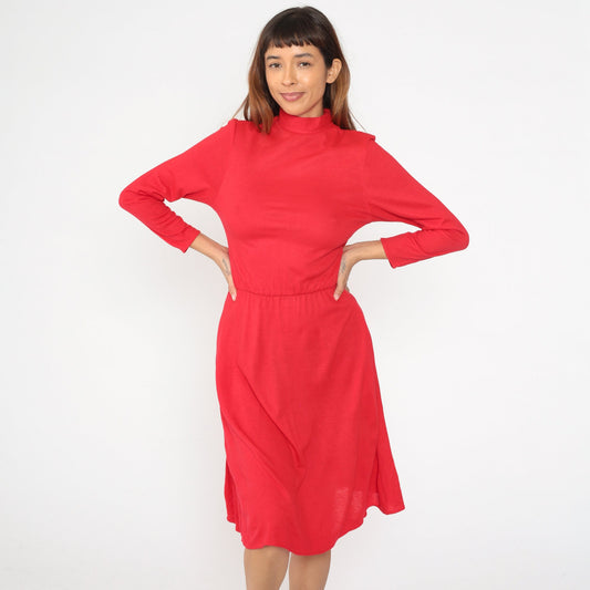80s Red Acrylic Mock Neck Midi Dress Long Sleeve Pockets Small