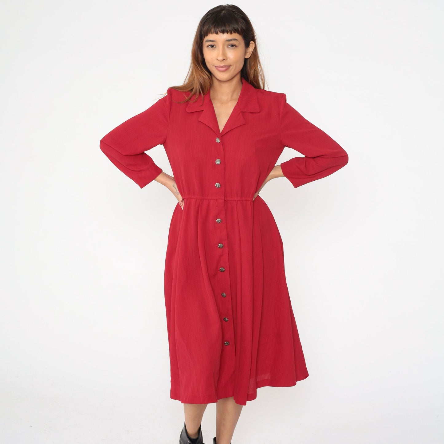 90s Leslie Fay Red Button-Up Midi Dress Elastic Waist Petite Medium