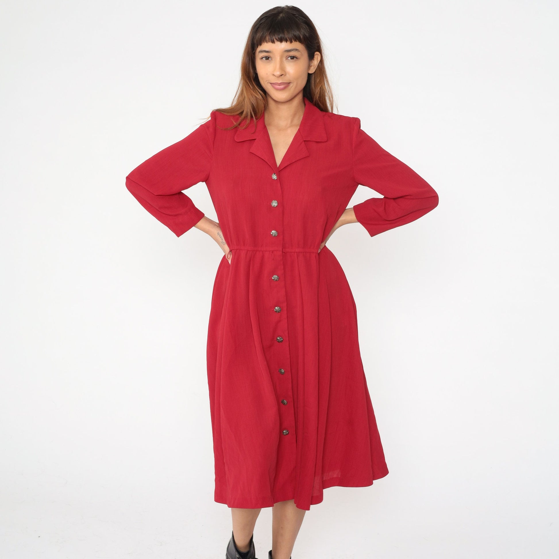 90s Leslie Fay Red Button-Up Midi Dress Elastic Waist Petite Medium