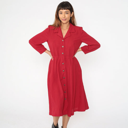 90s Leslie Fay Red Button-Up Midi Dress Elastic Waist Petite Medium