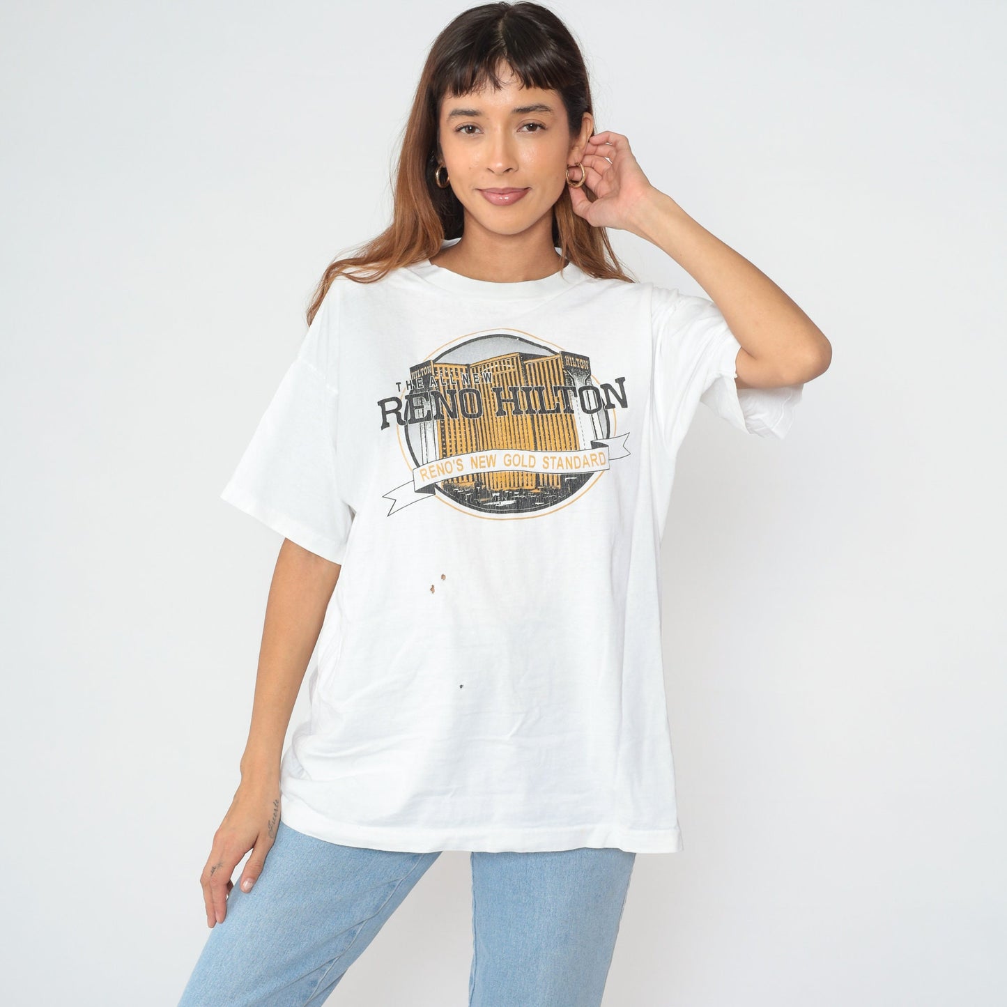 90s Reno Hilton Nevada Hotel Graphic T-Shirt Cotton White Extra Large