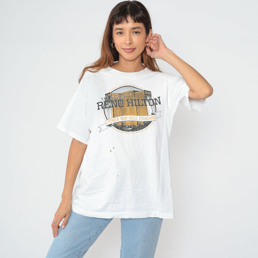 90s Reno Hilton Nevada Hotel Graphic T-Shirt Cotton White Extra Large
