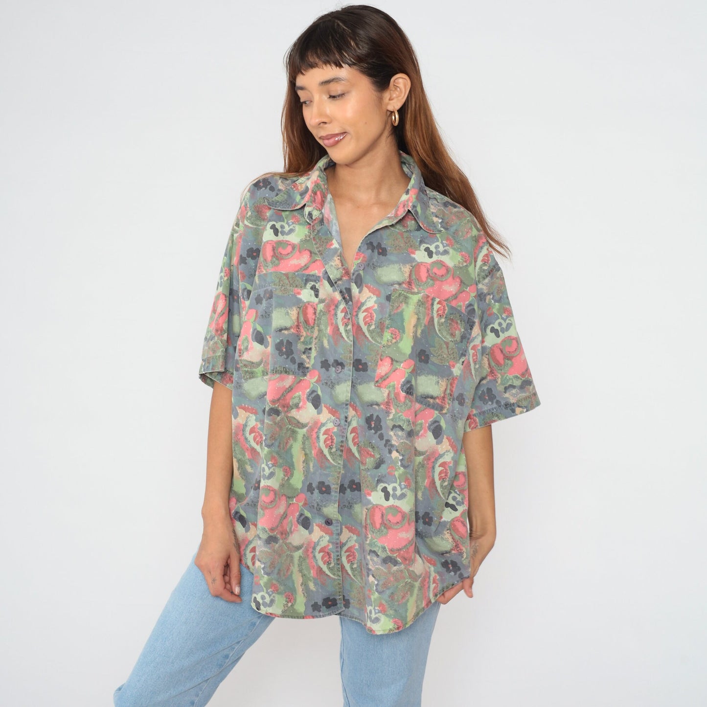 90s Abstract Floral Button-Up Blouse Plus Size Grey Pink Green Short Sleeve XXL
