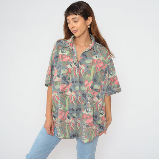 90s Abstract Floral Button-Up Blouse Plus Size Grey Pink Green Short Sleeve XXL