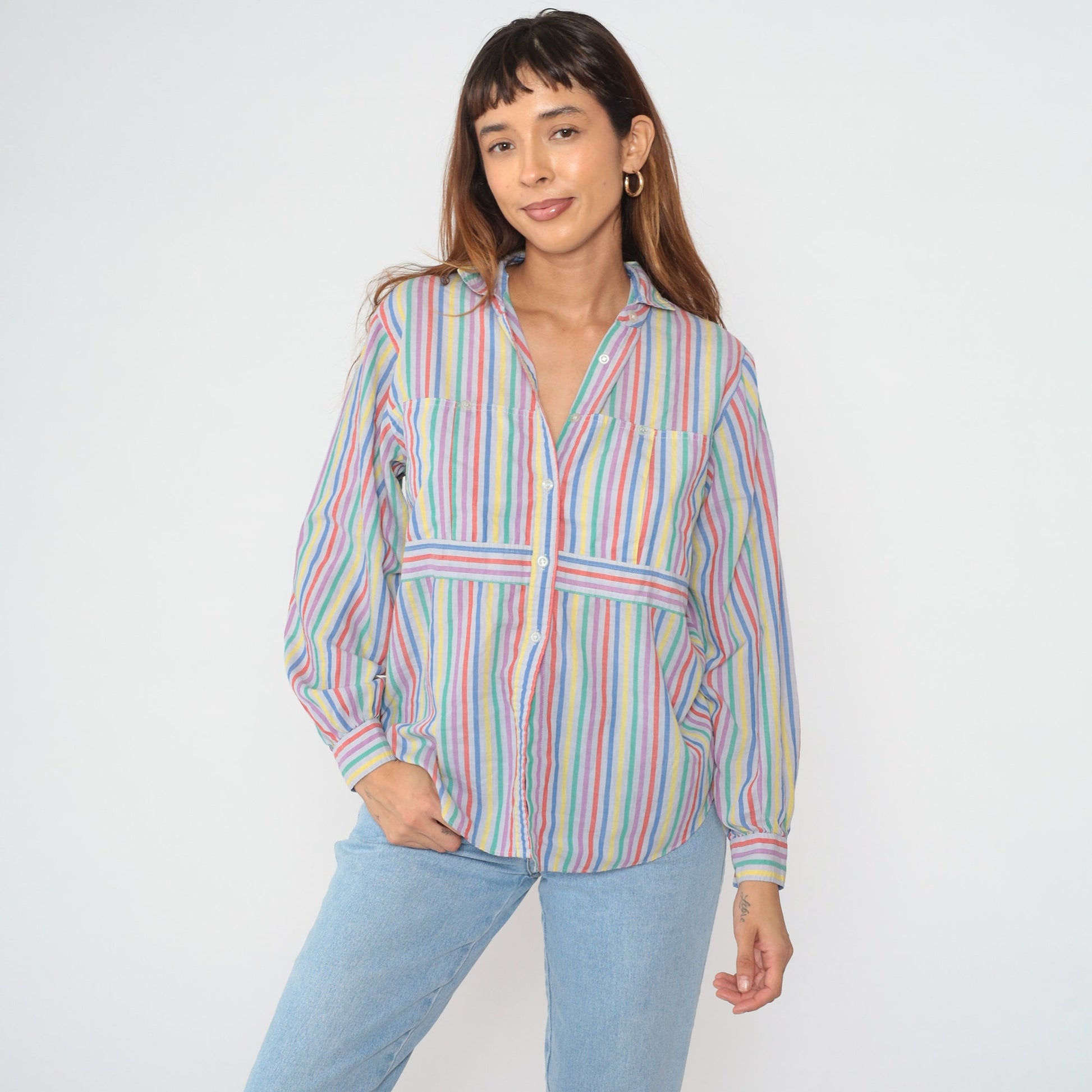 80s Rainbow Striped Button-Up Blouse Multicolor Long Sleeve Medium Large