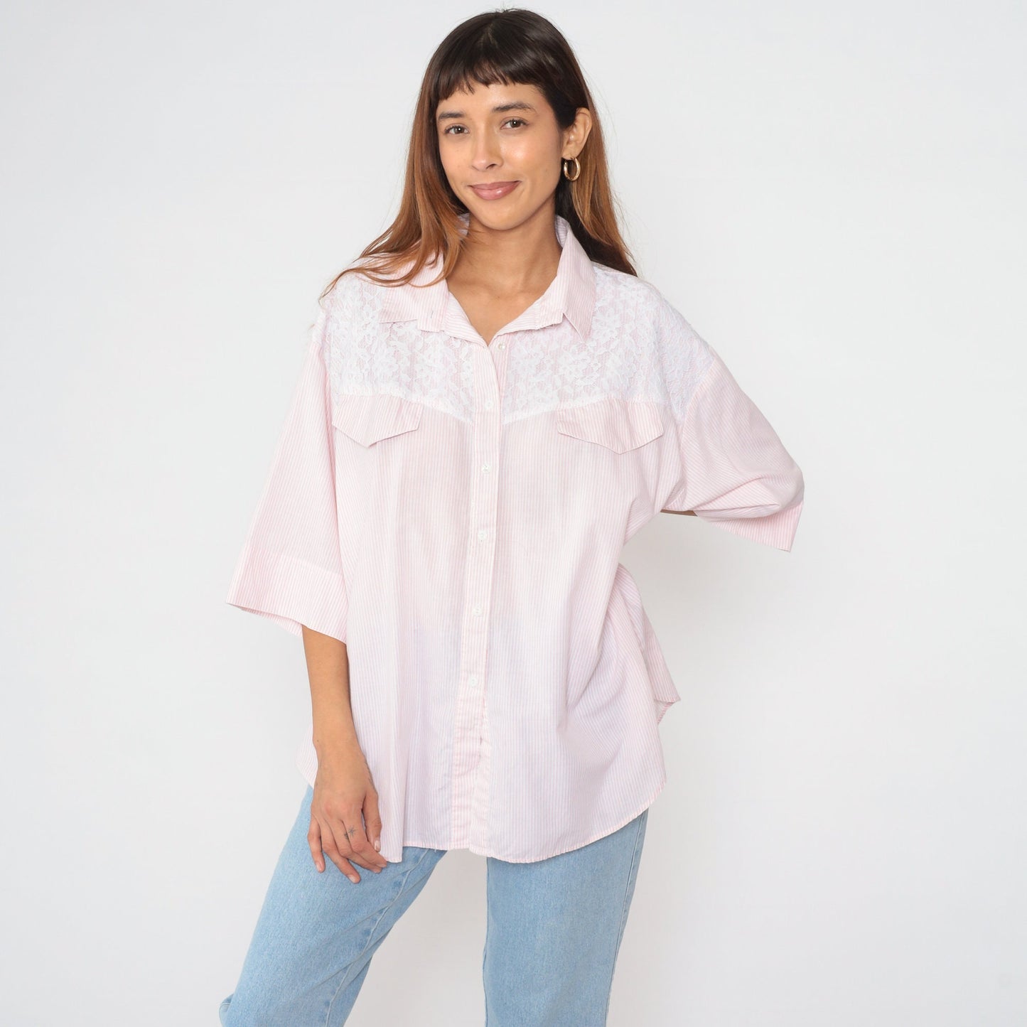 90s Pink White Striped Button-Up Blouse Lace Yoke Half Sleeve Extra Extra Large XXL