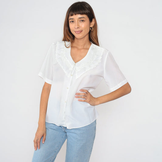 90s White Floral Bertha Collar Blouse Button-Up Short Sleeve Medium