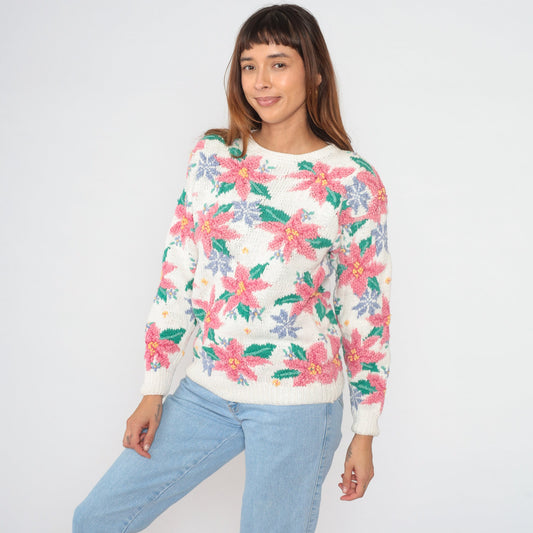 90s Northern Isles Floral Knit Sweater White Pink Green Crewneck Medium M