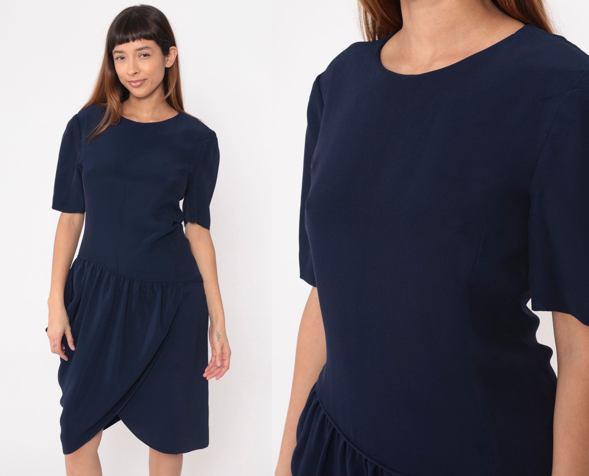 90s Navy Tulip Midi Dress Asymmetrical Drop Waist Gathered Pocket Medium 8