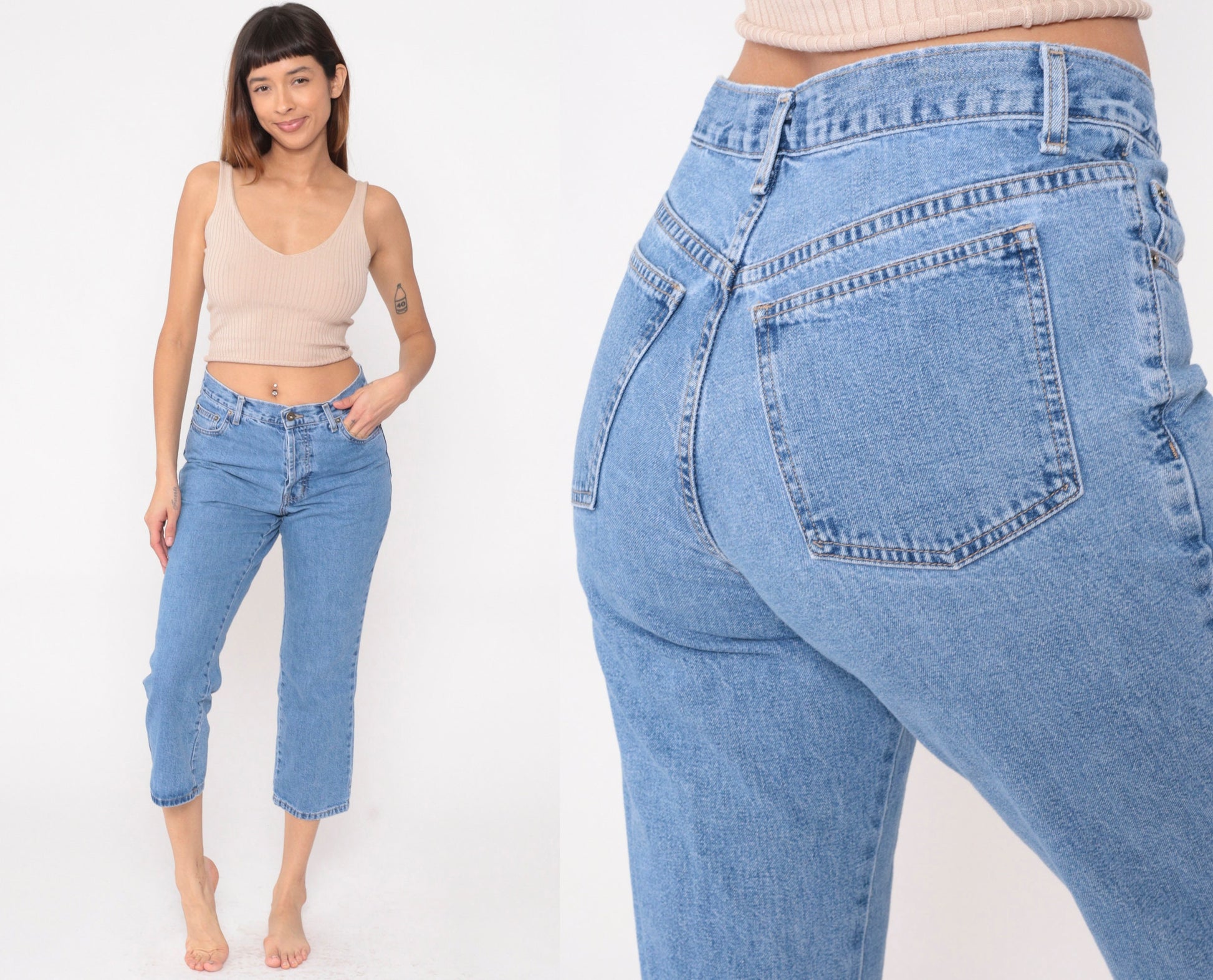 90s Capri Jeans Button Fly Mid Rise Cropped Denim Blue Small