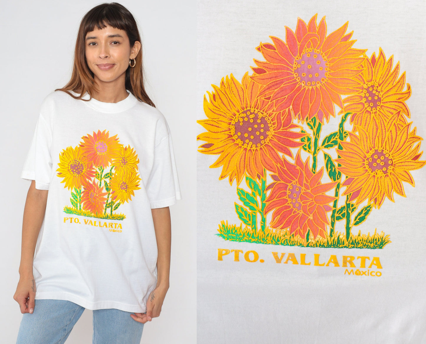 90s Puerto Vallarta Mexico Sunflower Graphic T-Shirt White Extra Large