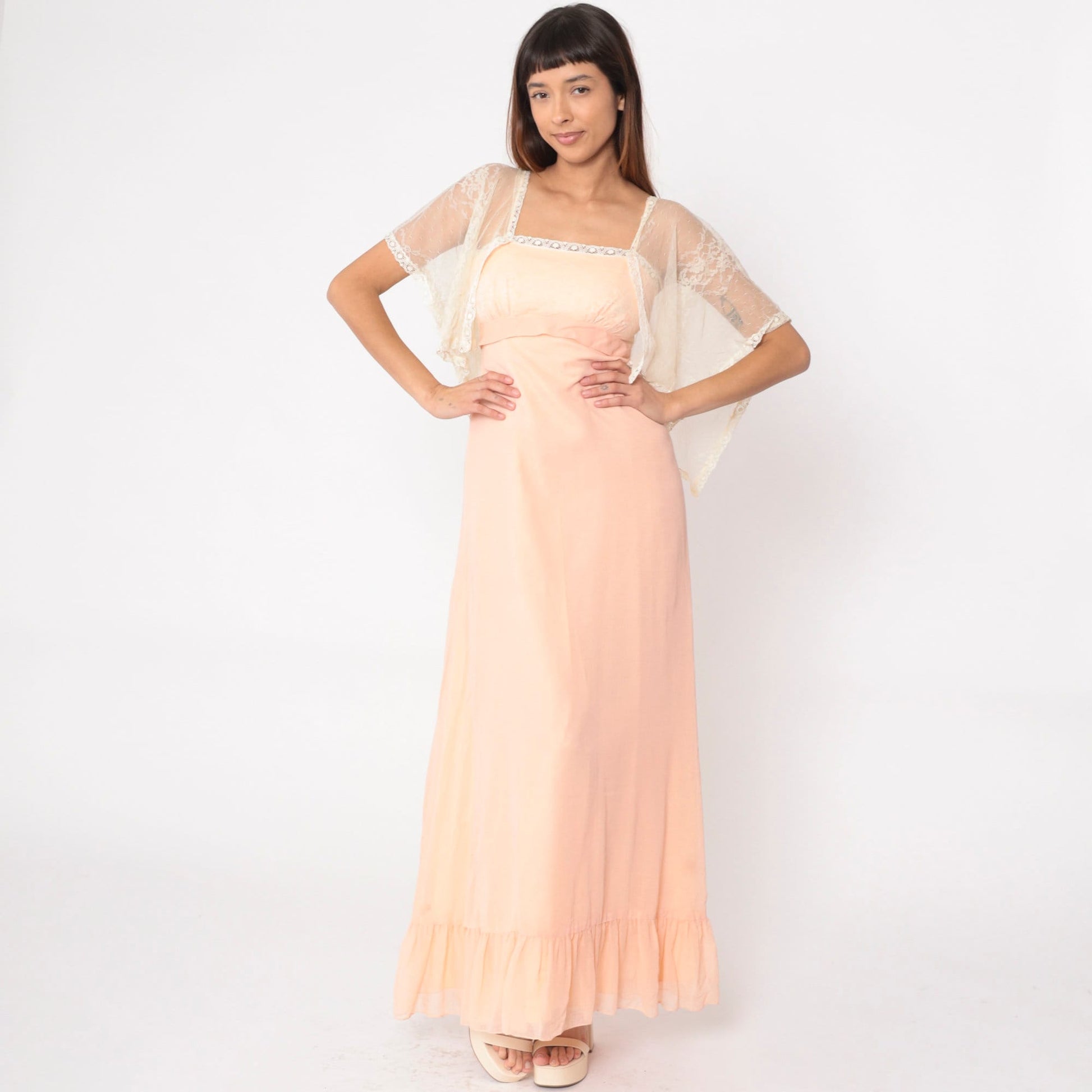 70s Peach Lace Maxi Dress Empire Waist Flutter Sleeve Small
