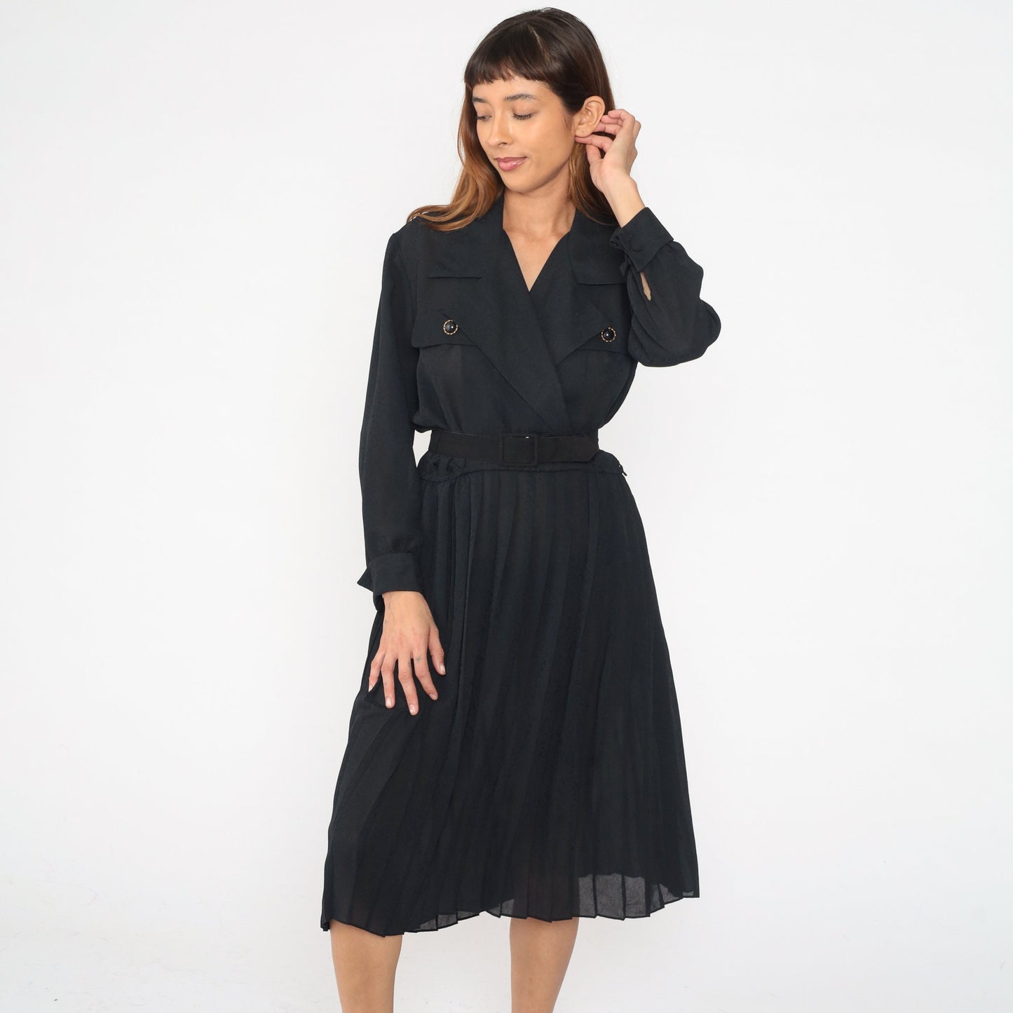 90s Black Wrap Midi Dress Surplice V-Neck High Waist Long Sleeve Medium 8