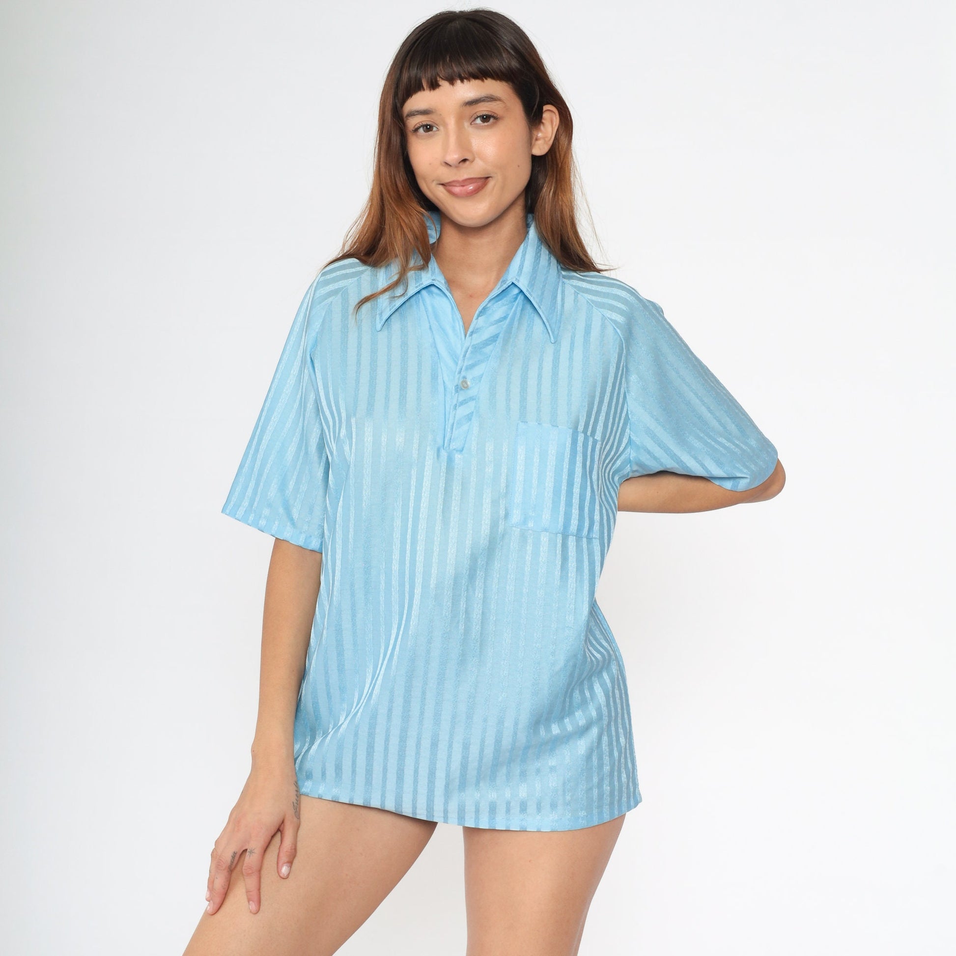 70s Lily Dache Baby Blue Striped Polo Shirt Men's Large L