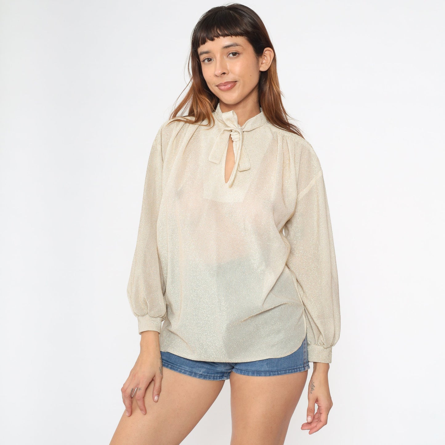 70s Metallic Gold Ascot Bow Blouse Cream Semi-Sheer Long Sleeve Medium