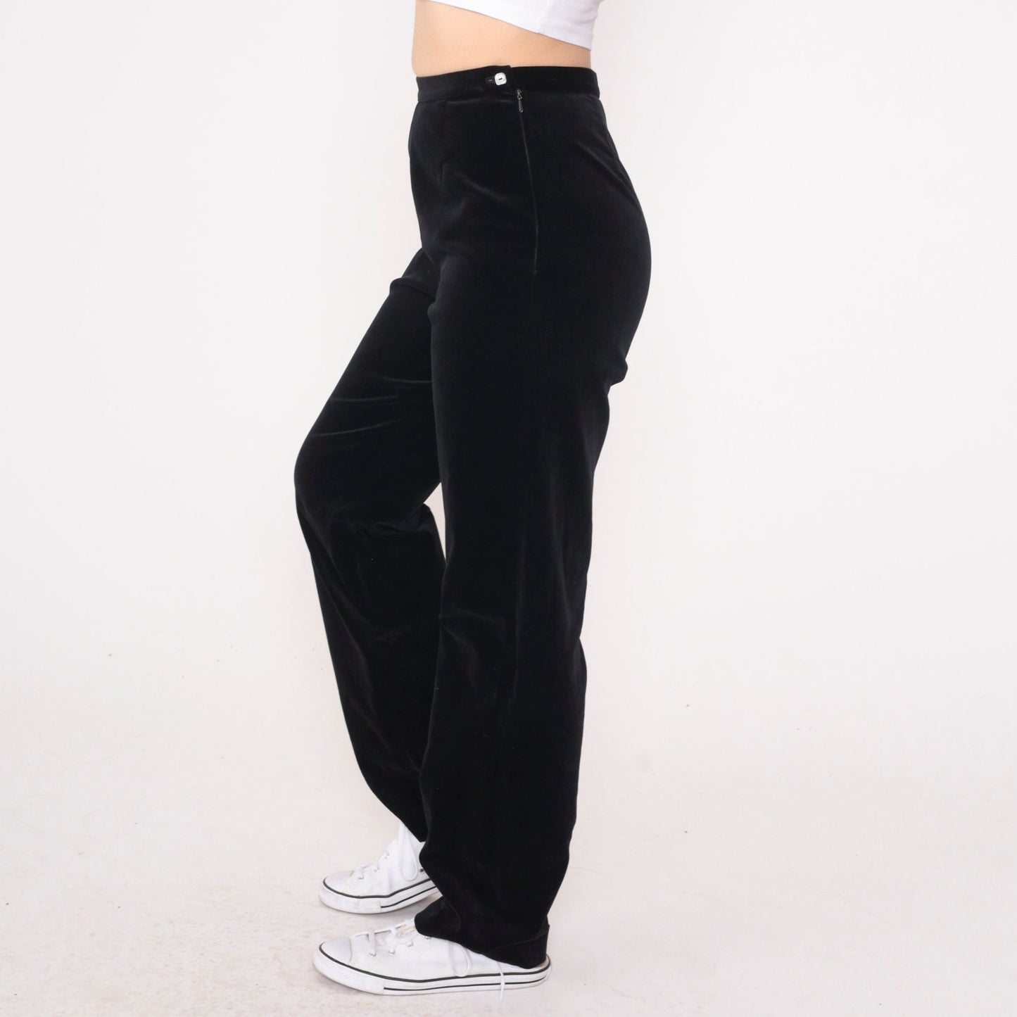 90s Black Velvet High-Waisted Trousers Straight Leg Small