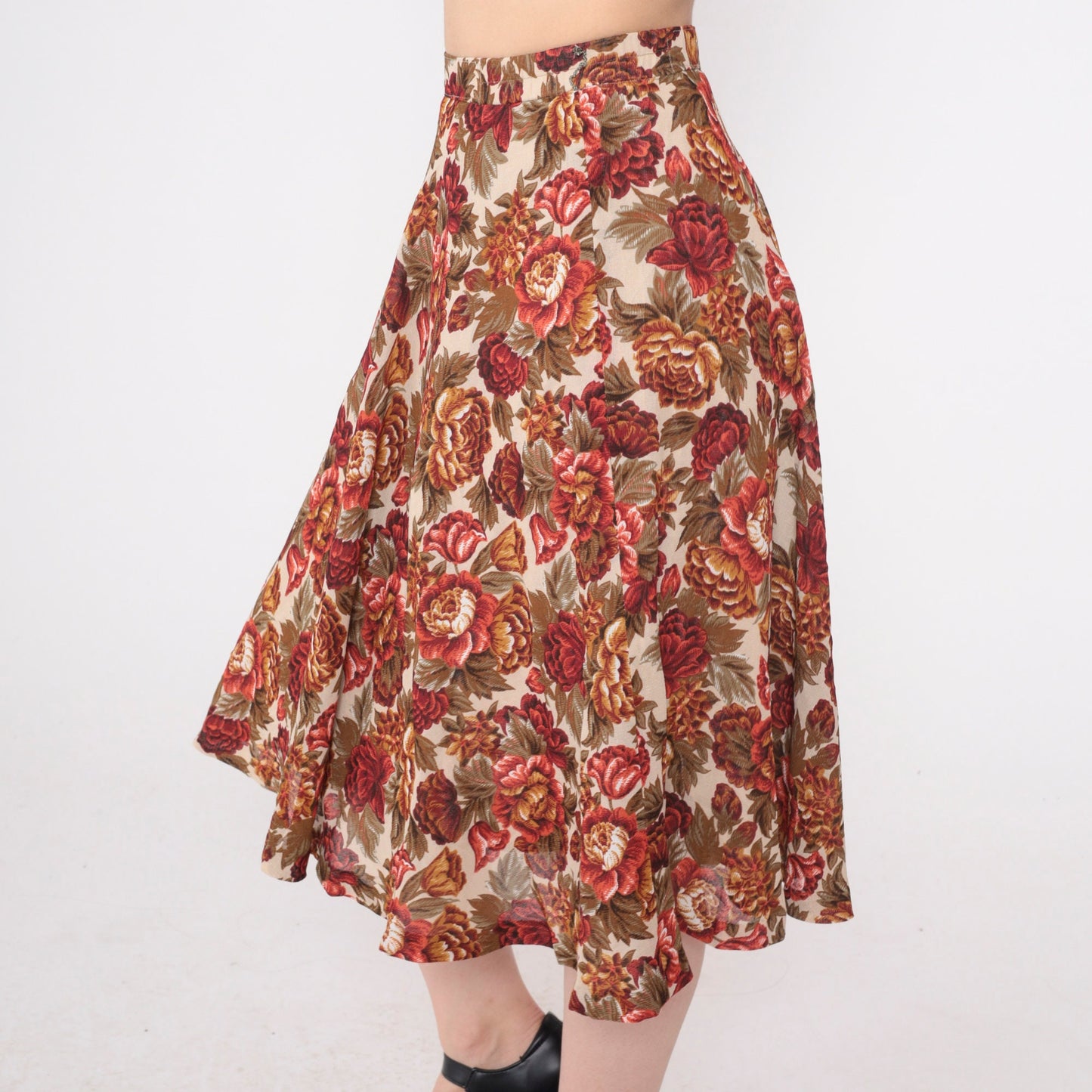 90s White Floral Midi Skirt High Waisted Rose Print A-Line Extra Small