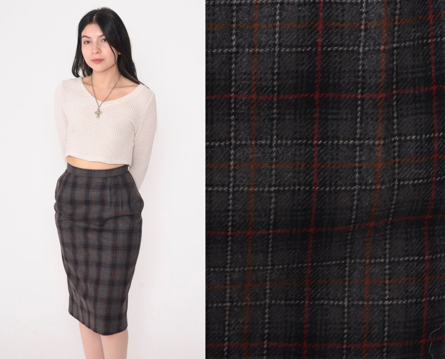 80s Peabody House Plaid Pencil Skirt High Waisted Knee Length Grey Black Red Extra Small
