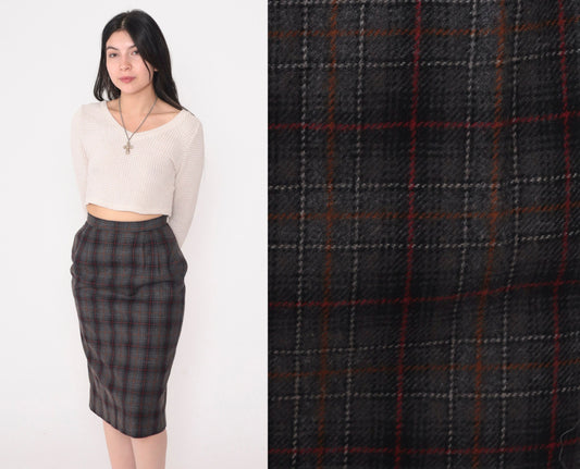80s Peabody House Plaid Pencil Skirt High Waisted Knee Length Grey Black Red Extra Small