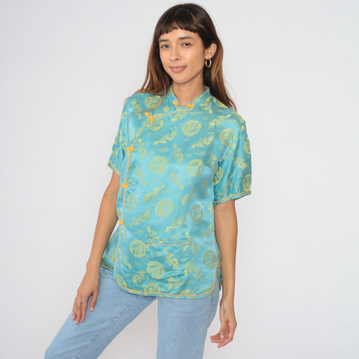 80s Cheongsam Blouse Blue Dragon Medallion Mandarin Collar Frog Button Medium