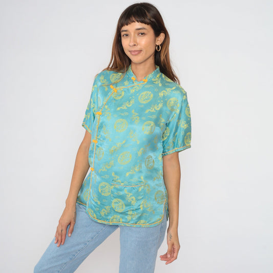 80s Cheongsam Blouse Blue Dragon Medallion Mandarin Collar Frog Button Medium