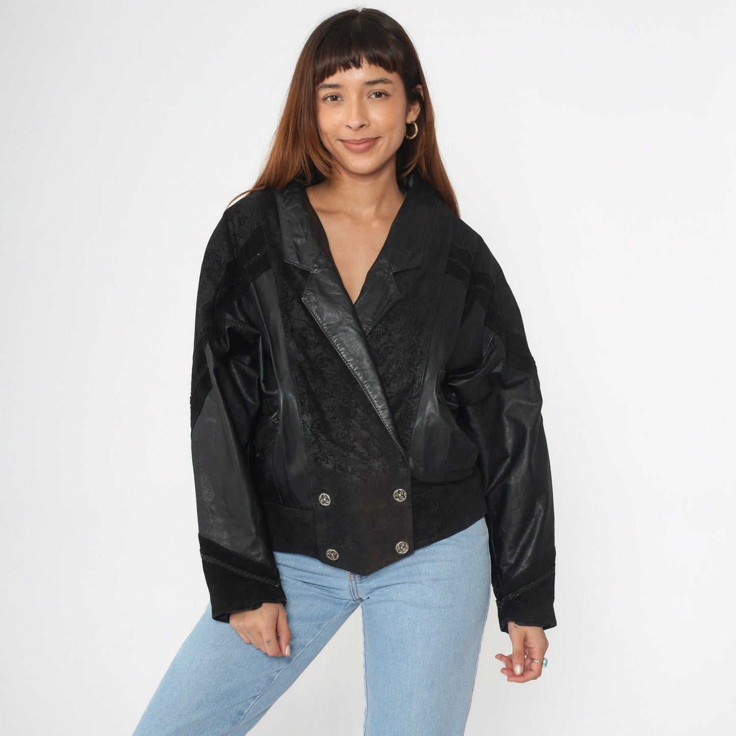 90s G-III Black Leather Jacket Notch Lapel Buttoned Medium
