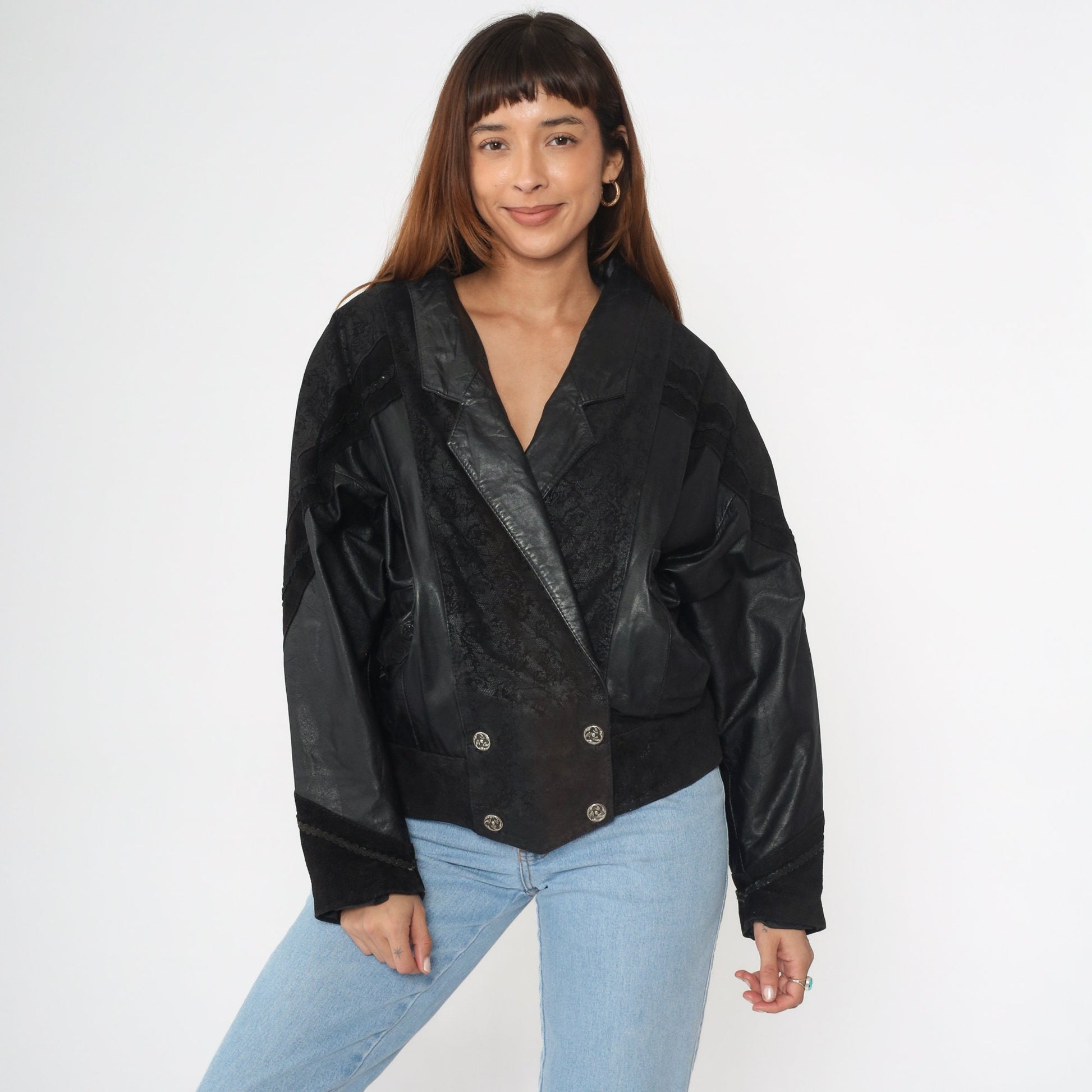 90s G-III Black Leather Jacket Notch Lapel Buttoned Medium
