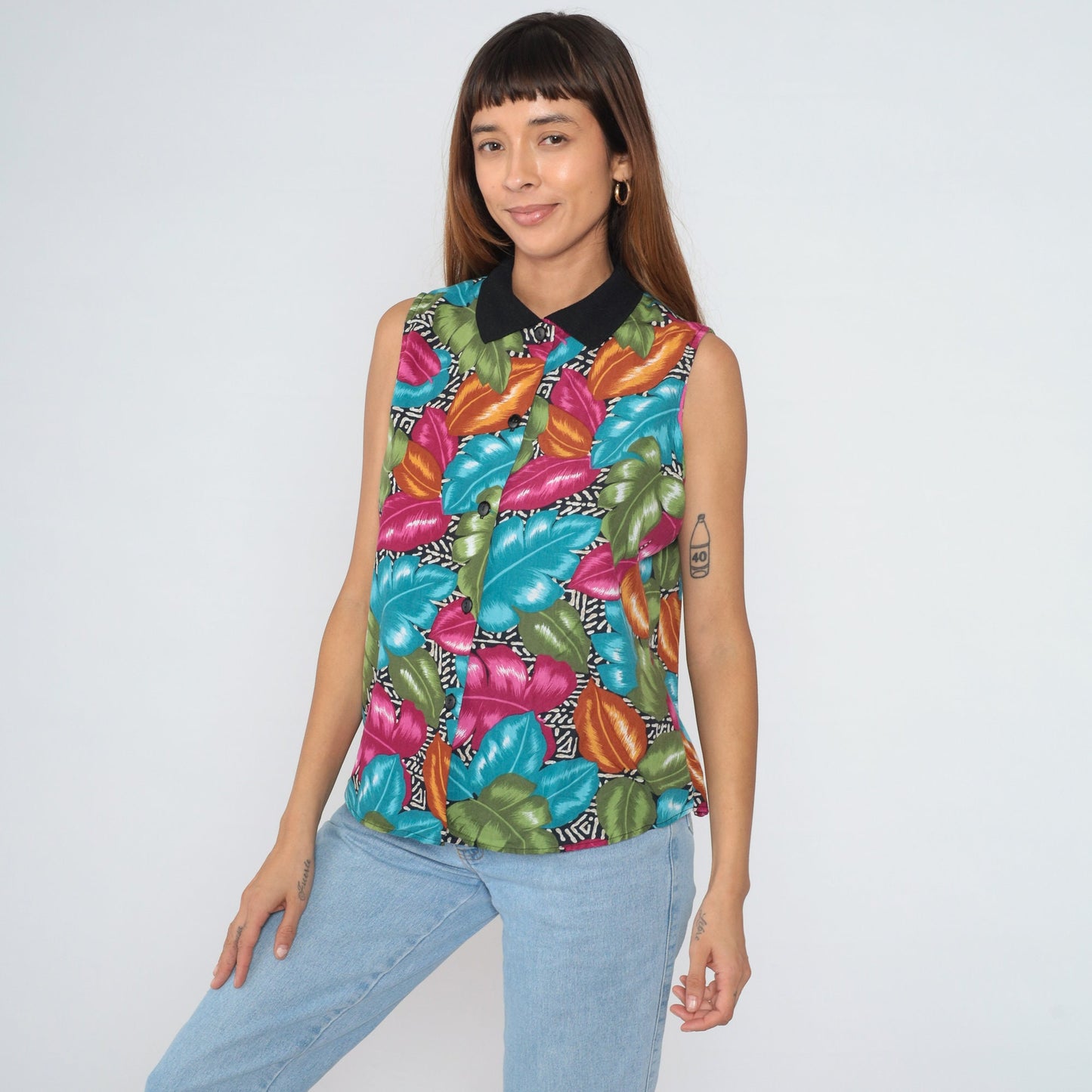 90s Tropical Leaf Print Button-Up Tank Top Collared Blouse Large L