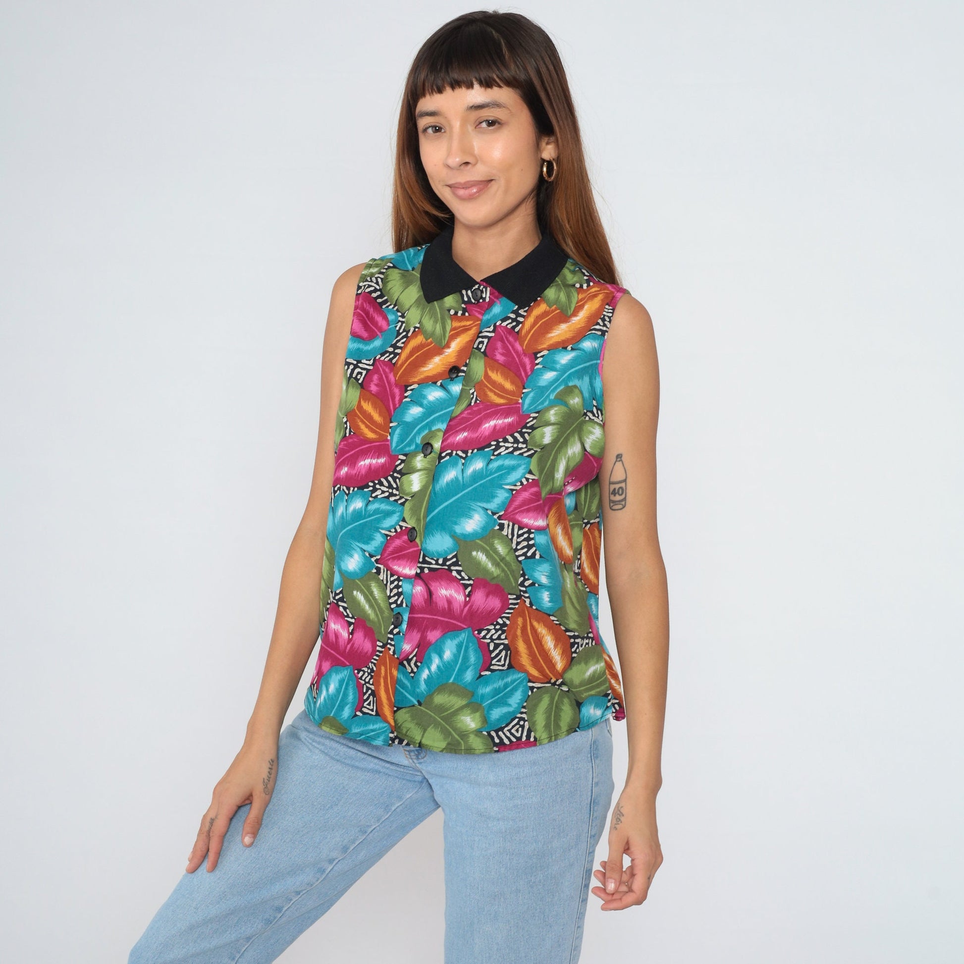 90s Tropical Leaf Print Button-Up Tank Top Collared Blouse Large L