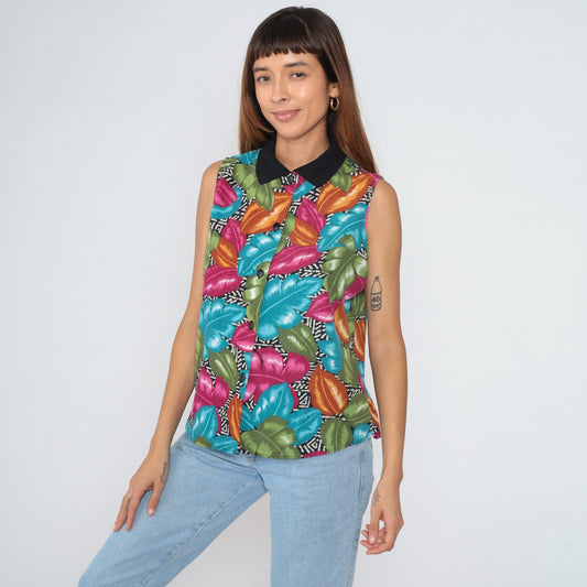 90s Tropical Leaf Print Button-Up Tank Top Collared Blouse Large L