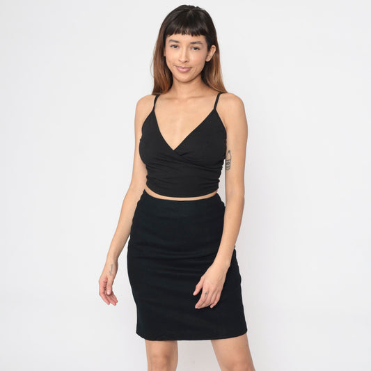 90s Black Wool Mini Pencil Skirt High Waist Rear Zip Extra Small XS
