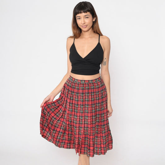 80s Red Plaid Silk Midi Skirt Pleated High Waist Small