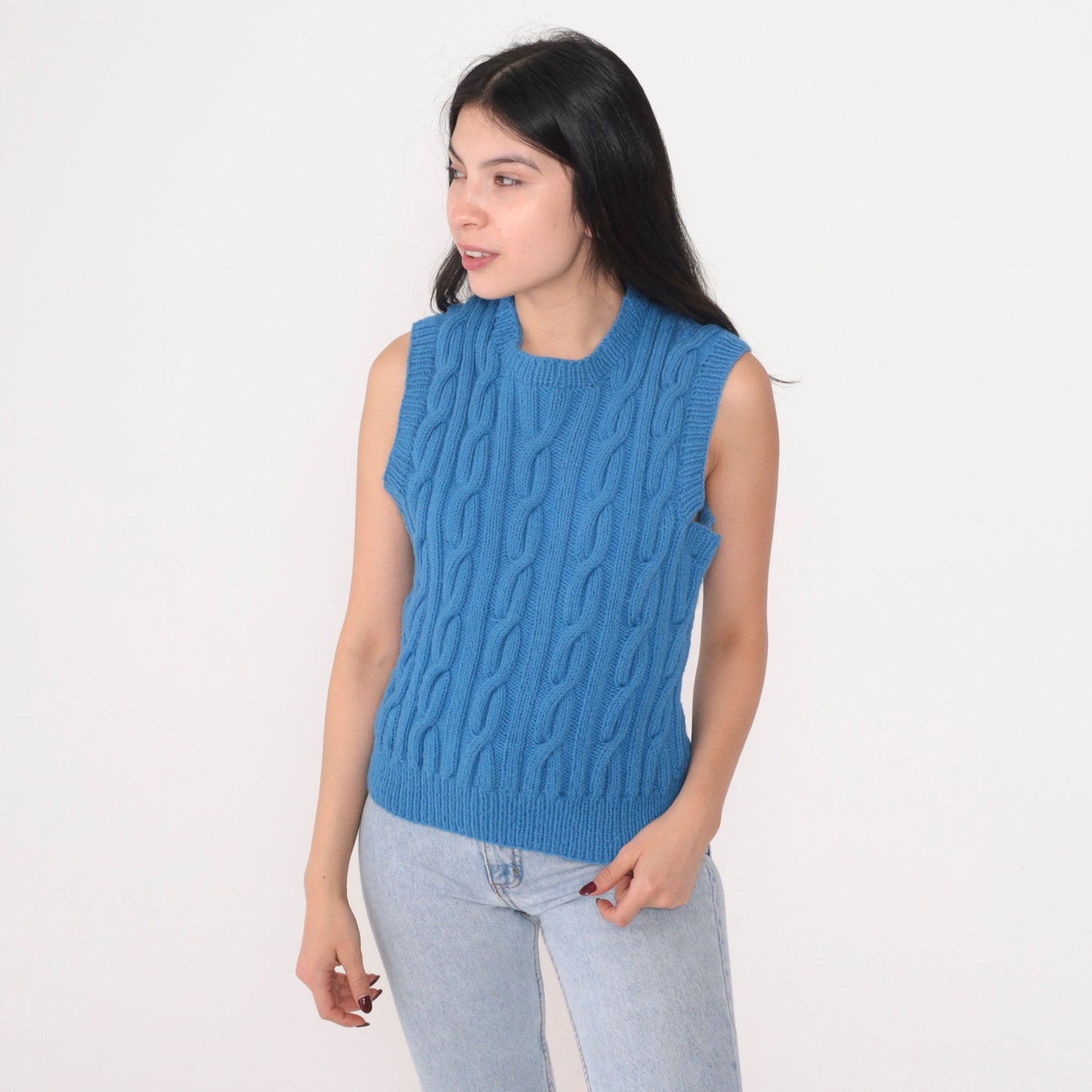 80s Blue Cable Knit Sweater Vest Sleeveless Pullover Small S