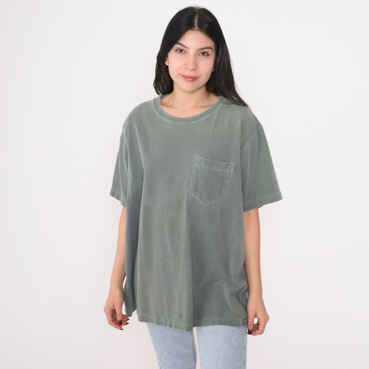 Y2K Green Pocket T-Shirt Cotton Plain Crewneck 00s Vintage Extra Large XL