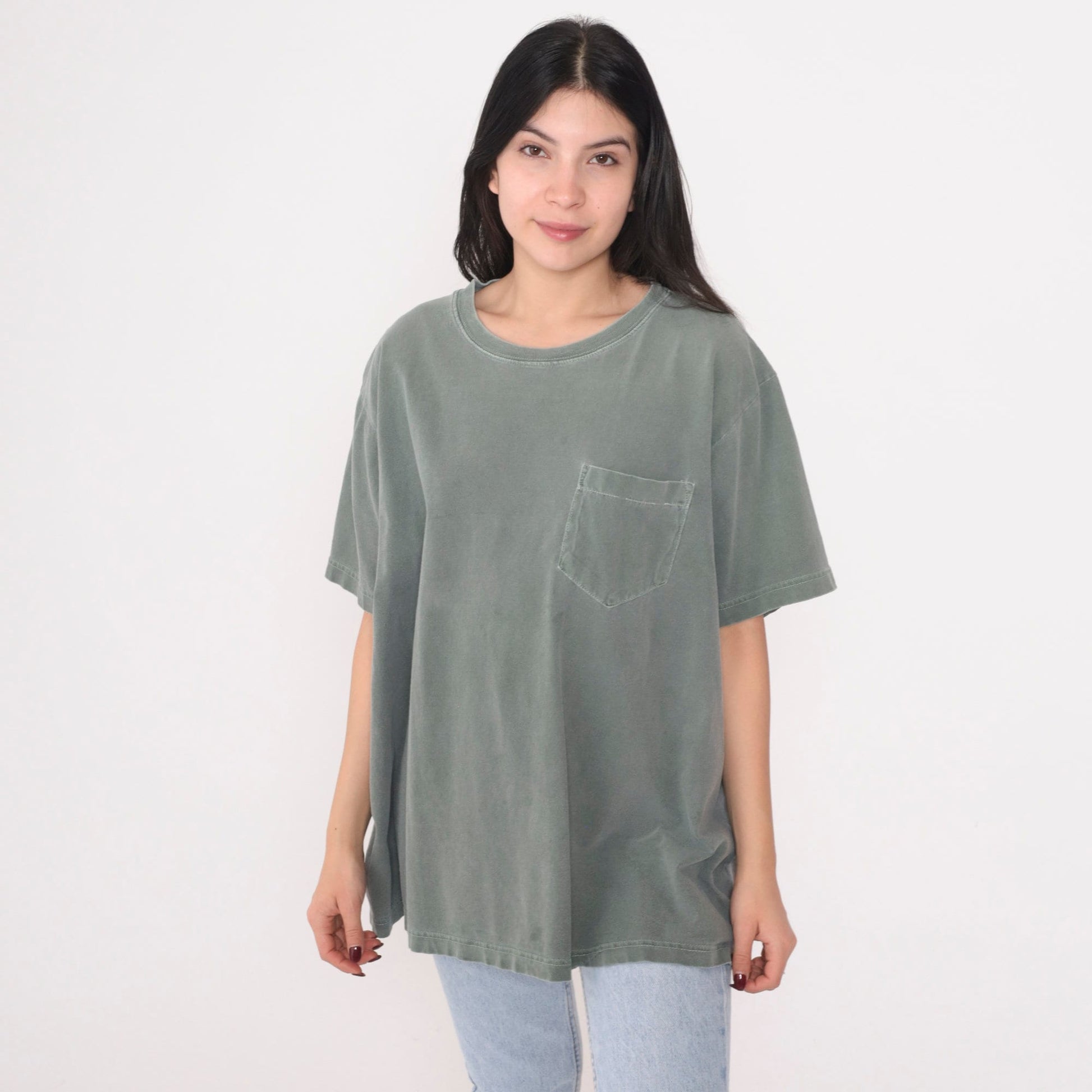 Y2K Green Pocket T-Shirt Cotton Plain Crewneck 00s Vintage Extra Large XL