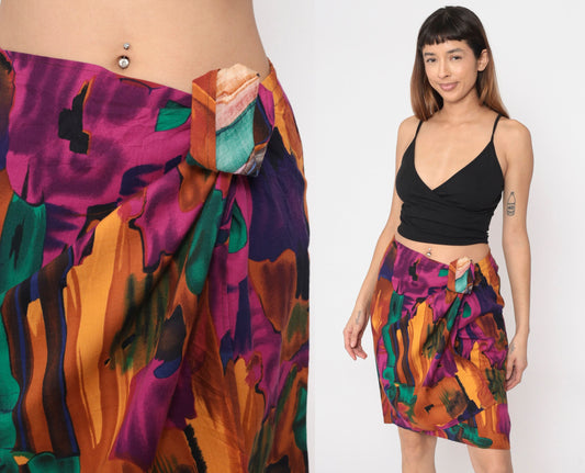 90s Sue Brett Abstract Watercolor Mini Skirt Faux Wrap Elastic Waist Medium Large
