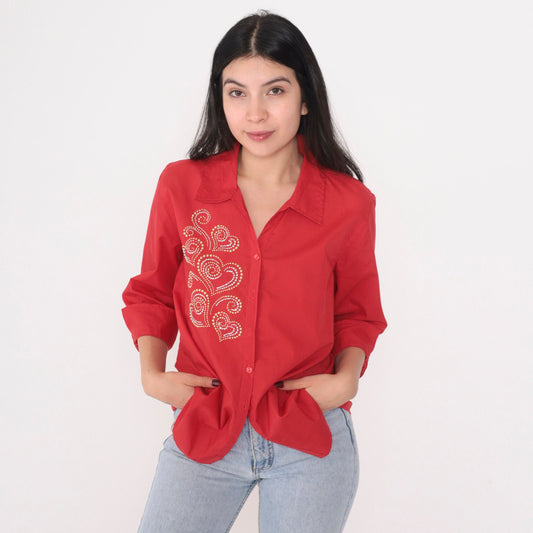 90s Red Studded Heart Button-Up Blouse Gold Silver Studs 3/4 Sleeve Medium M
