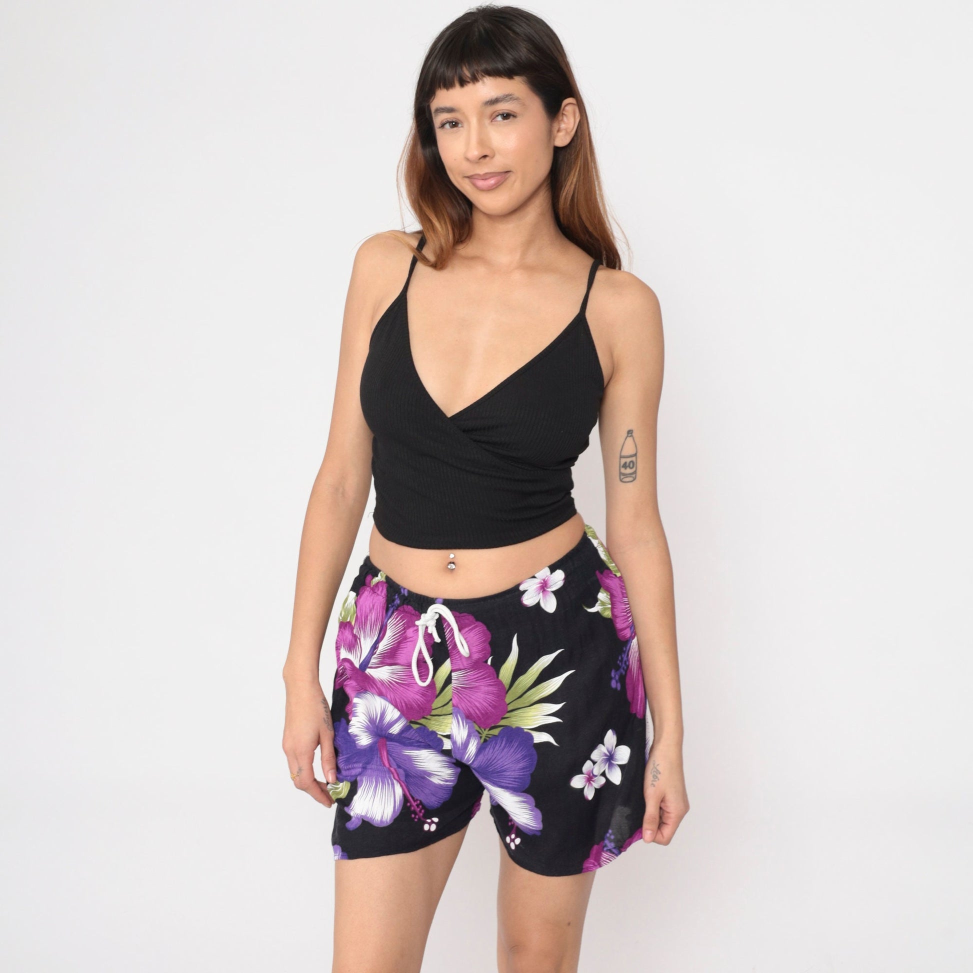 Y2K Black Rayon Shorts Purple Hibiscus Tropical Floral Drawstring Small Medium