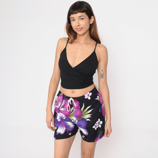 Y2K Black Rayon Shorts Purple Hibiscus Tropical Floral Drawstring Small Medium