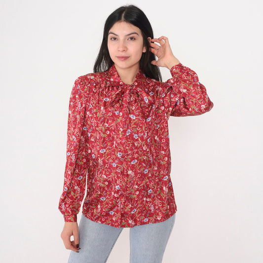 80s Gianna Floral Ascot Blouse Red Puff Sleeve Button-Up Medium