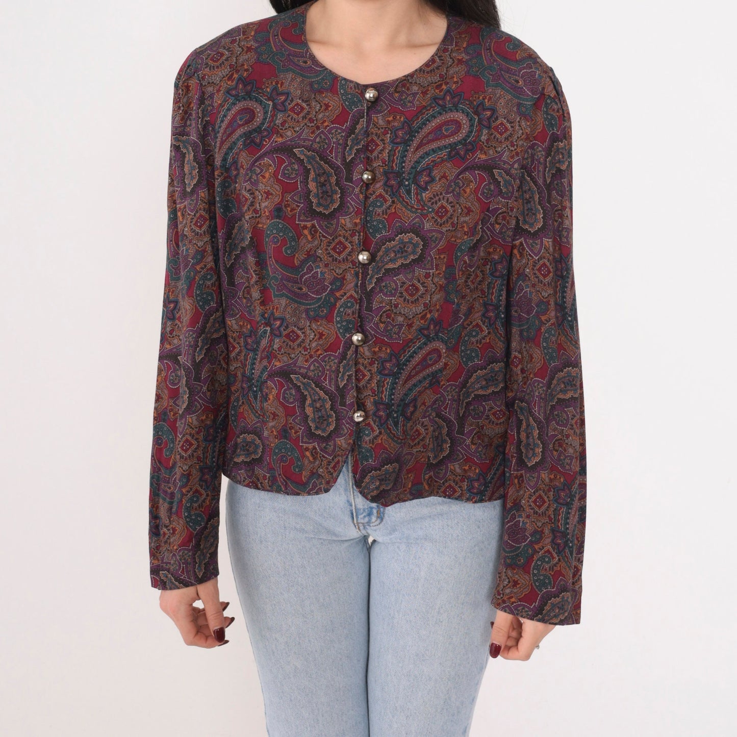 90s Maggy London Paisley Button-Up Blouse Long Sleeve Red Purple Green Large Petite