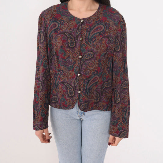 90s Maggy London Paisley Button-Up Blouse Long Sleeve Red Purple Green Large Petite